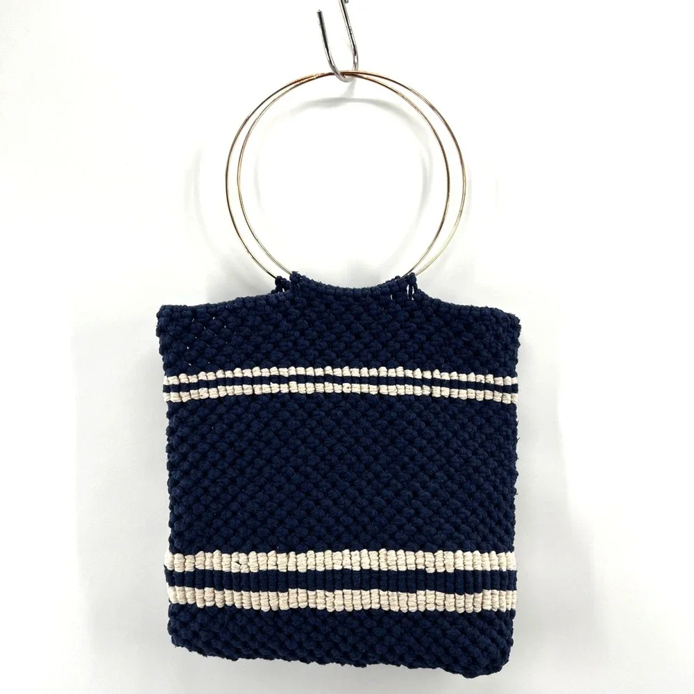 Vintage Handmade 70s Macrame Purse Bag Round Handles Nautical Boho Navy Gold